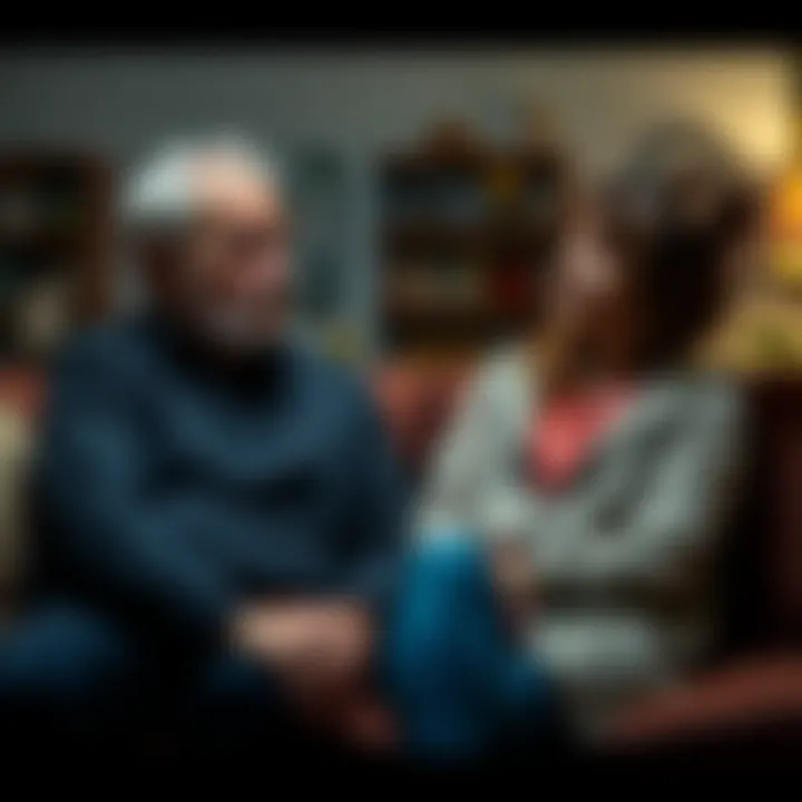 An older person sitting down with a younger family member in a cozy living room, discussing feelings and boundaries, while both appear thoughtful and engaged.