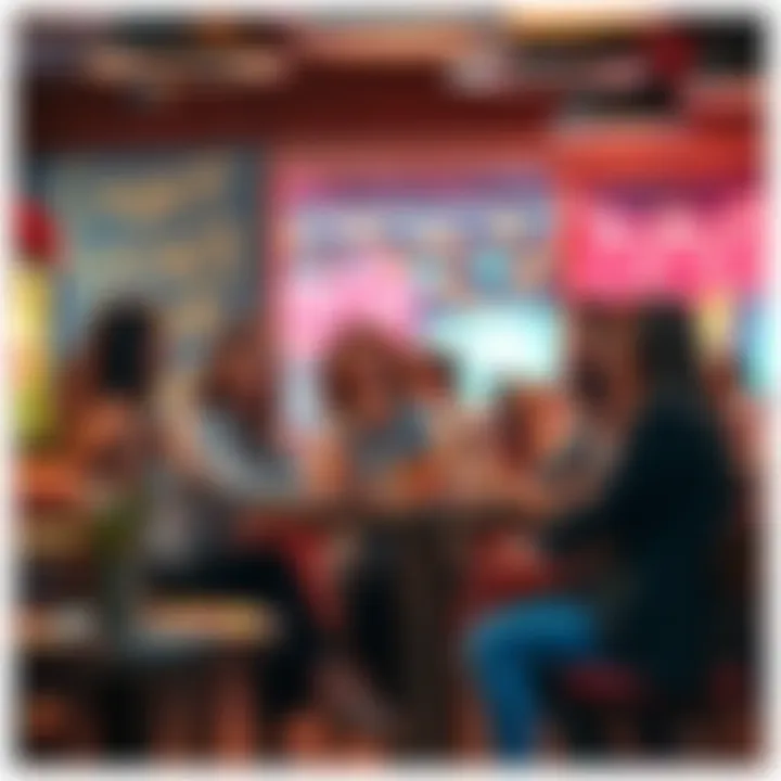 A group of people excitedly discussing a retro trend at a cafe, sharing laughs and nostalgic stories.