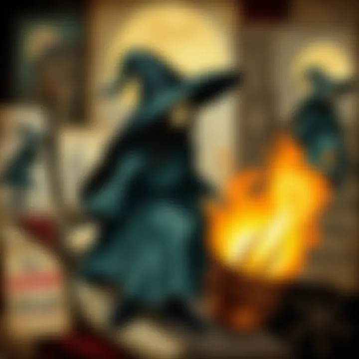 A collage of vintage witch-themed illustrations and artifacts, showcasing various styles and designs from before the internet era.