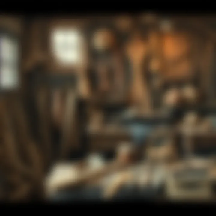 A dusty woodshop with old wooden crafts and tools scattered around, highlighting a unique vintage item on display.