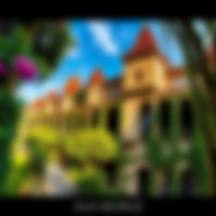 Old World Architecture A beautiful old castle surrounded by lush greenery, showcasing intricate stone work and arches