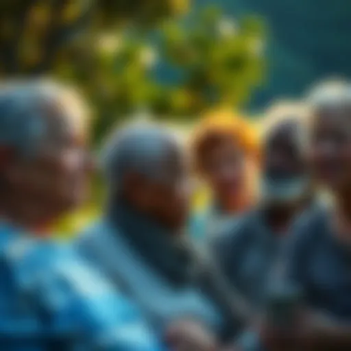 A group of older Aquas sharing stories and experiences about finding peace, with serene expressions and a calm backdrop of nature.