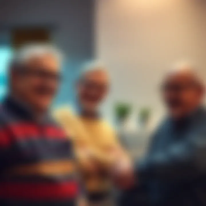 A group of older men, with varied appearances, sharing stories and laughing together, representing the community of older Cancer men and their personality in relationships.