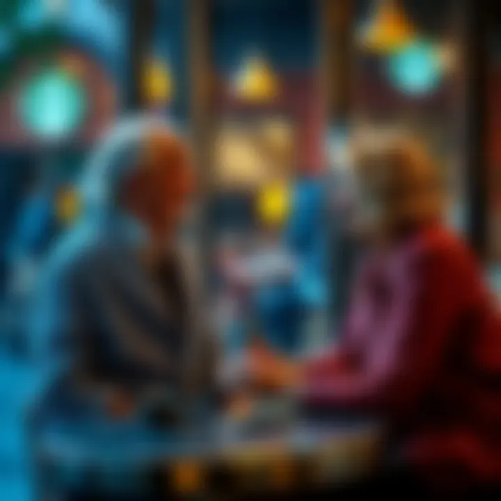 A young woman sitting at a table in Starbucks while an older couple stands nearby, appearing to engage in conversation with her