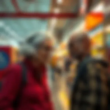 An older woman leans in closely, whispering to a confused young man near a grocery store entrance in Austin, Texas