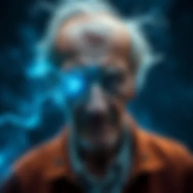 An old man with bright, shining eyes, obscuring his face, appears in a dream-like state