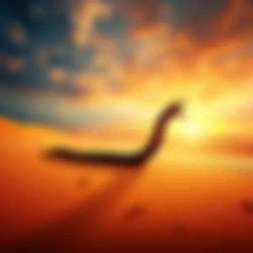 A representation of the Olgoi-Khorkhoi, a blood-red, headless worm, in a sandy landscape of the Gobi Desert.