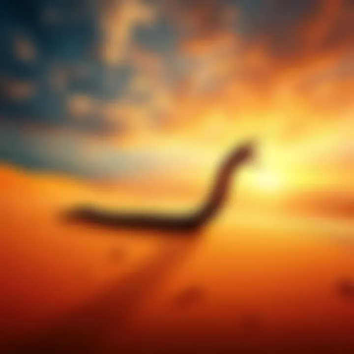 A representation of the Olgoi-Khorkhoi, a blood-red, headless worm, in a sandy landscape of the Gobi Desert.