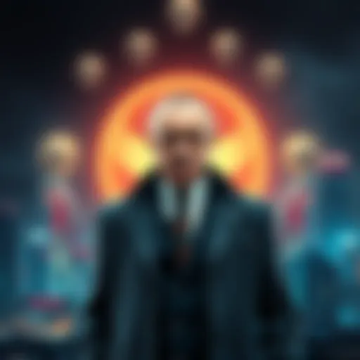 A wealthy oligarch stands in front of a futuristic cityscape with alien symbols glowing in the background.