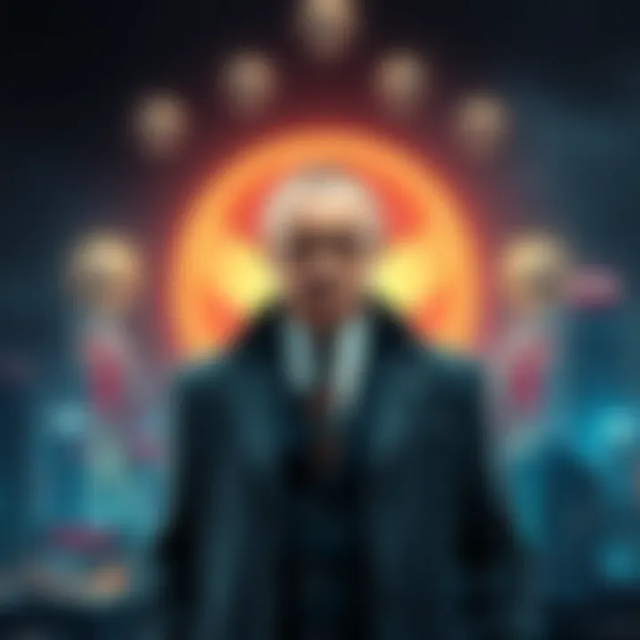 A wealthy oligarch stands in front of a futuristic cityscape with alien symbols glowing in the background.