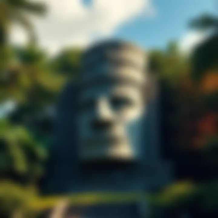 Olmec Monument A large Olmec stone head sculpture surrounded by lush greenery, representing the advanced civilization's monumental architecture.