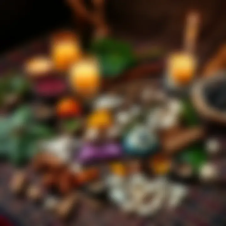 Olokun and Nfumbe Ritual Ingredients An assortment of key ingredients for Olokun and Nfumbe rituals displayed on a traditional cloth, including herbs, shells, and candles.