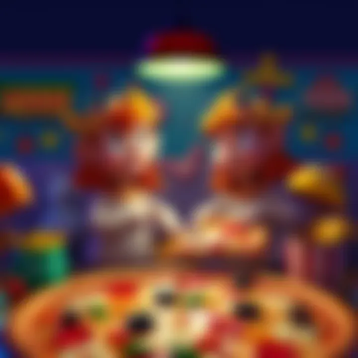The Olson Twins animated in a colorful pizza-themed cartoon scene, with playful characters and food imagery surrounding them.