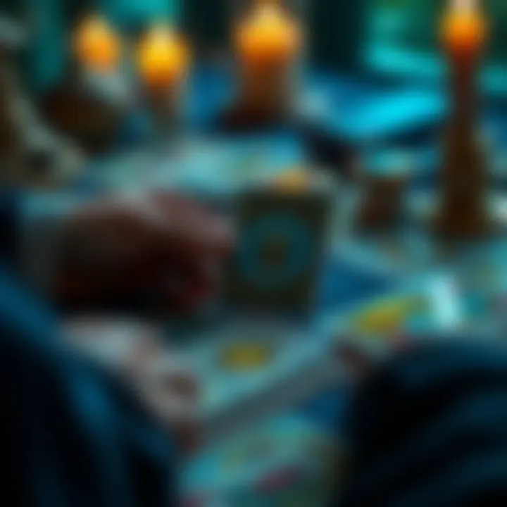 A tarot reader lays out a single card with a colorful design, inviting comments for free readings. The card is upright, symbolizing guidance.