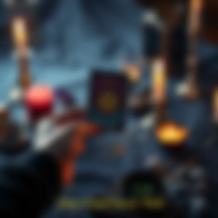 A hand holding a tarot card with a colorful design, set on a mystical table surrounded by candles and crystals.