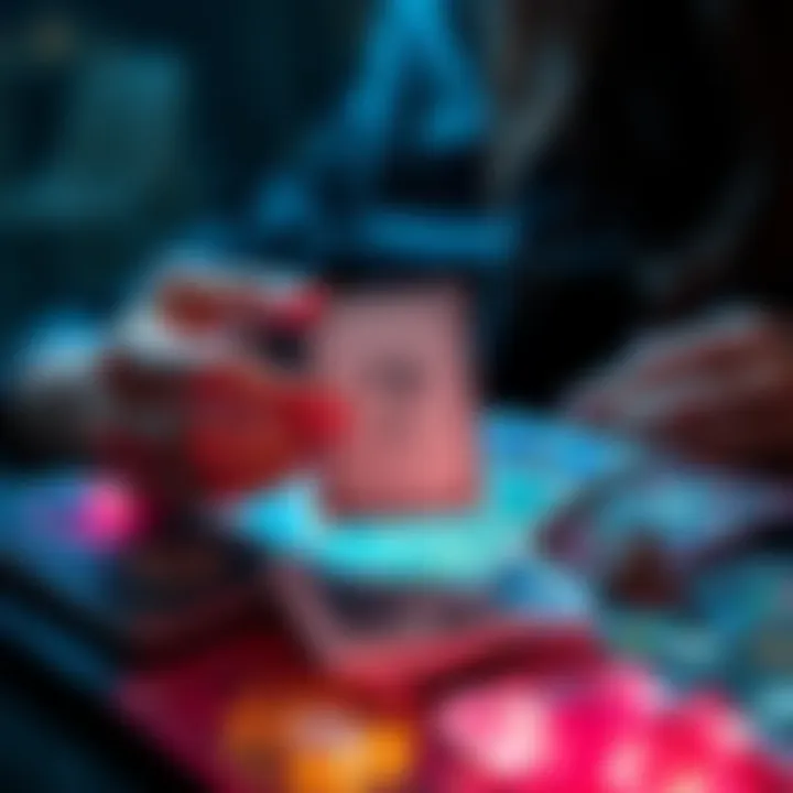 One Card Tarot Reading A person holding a Tarot card with a question in mind, surrounded by various colorful cards and crystals, inviting engagement for readings.