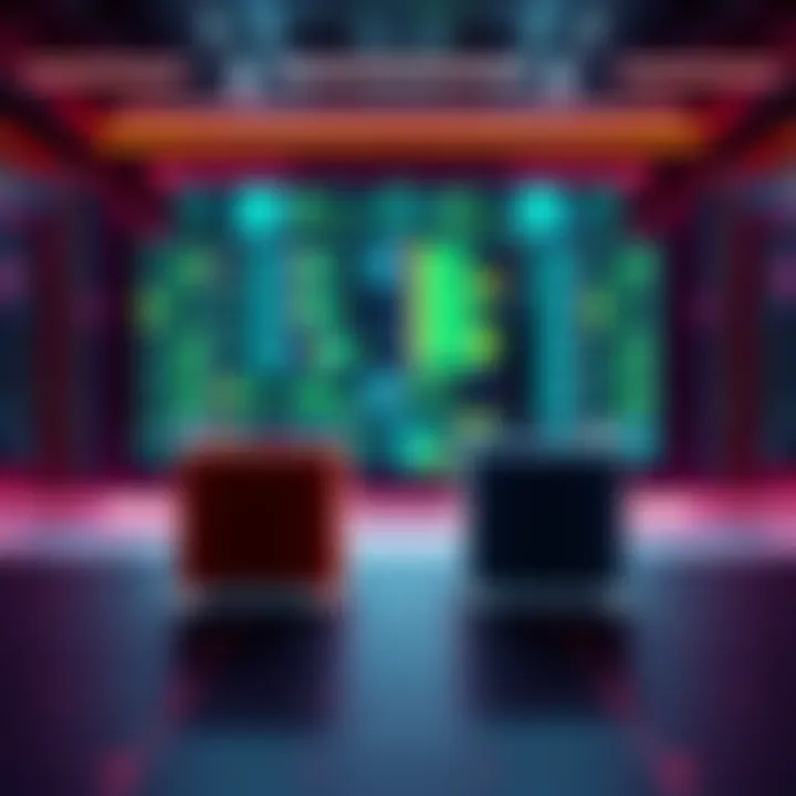 One Box vs Two Box Decision A visual representation of Newcomb's Paradox, showing a person contemplating between two boxes, one transparent and one opaque, with a supercomputer in the background predicting outcomes.