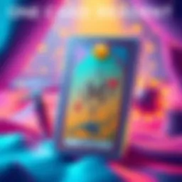 A colorful digital illustration showcasing a tarot card with symbols, initials, and a mood emoji, inviting participation in a one-card reading event.