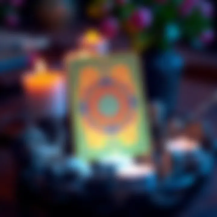 A colorful card with mystical symbols on it, surrounded by candles and natural elements, inviting people to join a free intuitive reading.