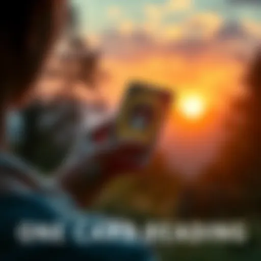 A person holding a tarot card in a serene setting, reflecting on its meaning and insights.