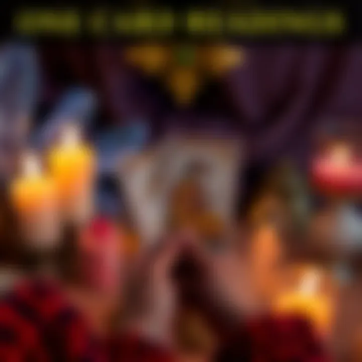 A person pulling a single tarot card from a deck, with a mystical background featuring candles and crystals.