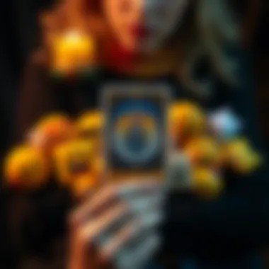A person holding a tarot card with various mood-matching emojis around it, inviting participation in a reading