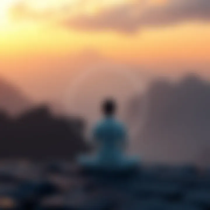 A tranquil scene showing a person meditating with a symbol of a circle representing Zen and a symbol of infinity representing Advaita Vedanta.