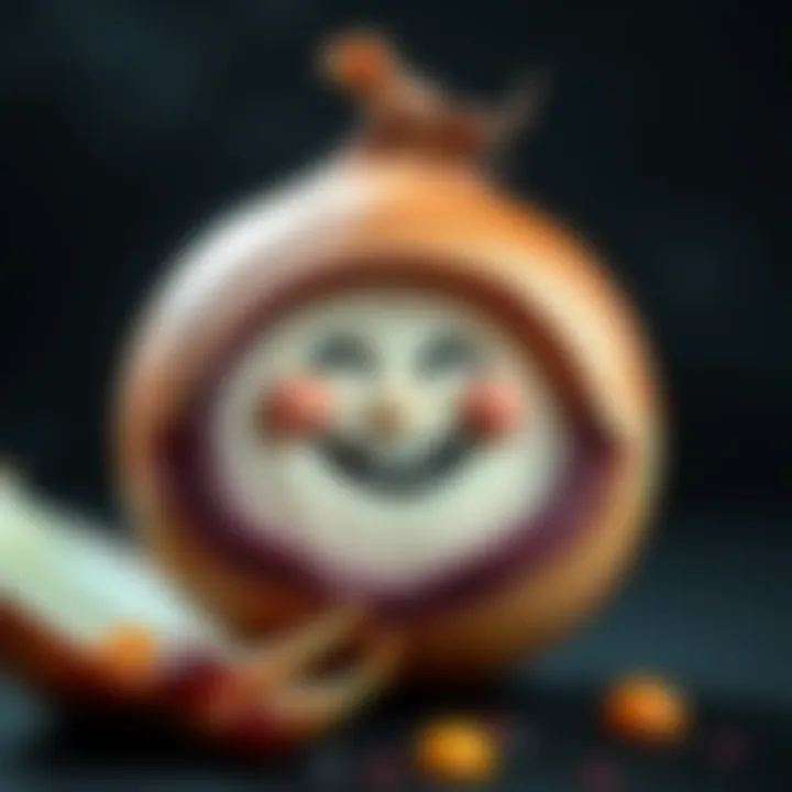 An onion with multiple layers being peeled back, revealing a smiling face and playful elements