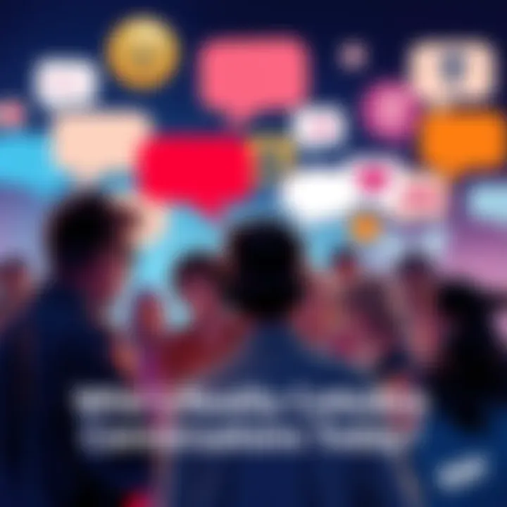 A group of people engaging in a heated discussion on social media, with various speech bubbles showing mixed opinions.