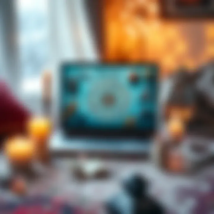 A cozy home setting with a laptop open showing a virtual tarot deck, surrounded by candles and crystals for a calming atmosphere.