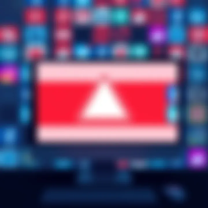 Online Censorship Illustration A computer screen showing a warning symbol with a background of social media icons, representing censorship on forums.