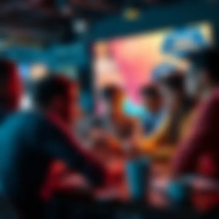 A diverse group of people interacting on a computer, sharing ideas in an online forum