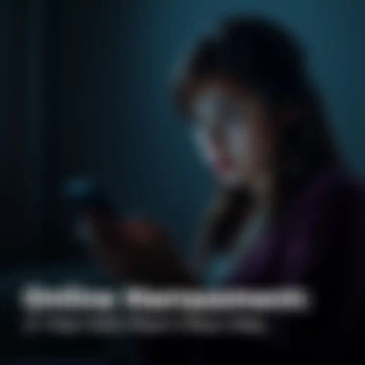 A concerned young woman looking at her phone in a dimly lit room, depicting the toll of online harassment.