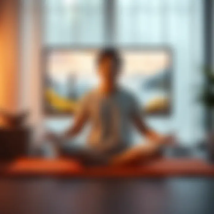 A person sitting cross-legged on a meditation mat, eyes closed, surrounded by calming nature visuals on a computer screen during an online retreat.