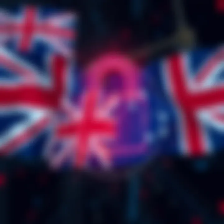 A graphic showing a digital lock symbolizing online safety regulations with flags of the UK and Australia in the background