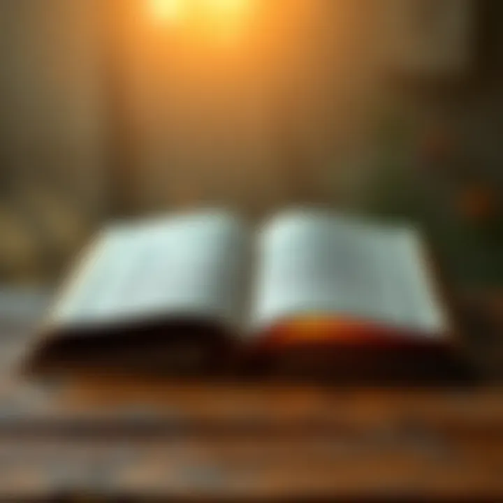 An open Bhagavad Gita book on a wooden table, with a soft glow of light illuminating the pages, symbolizing wisdom and knowledge.