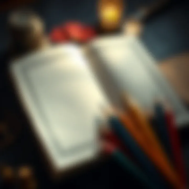 An open grimoire with blank pages and colorful writing tools beside it, inviting creativity