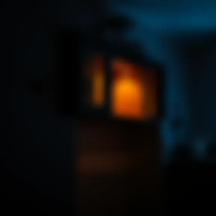 A kitchen cabinet slightly open in a dimly lit room with shadows