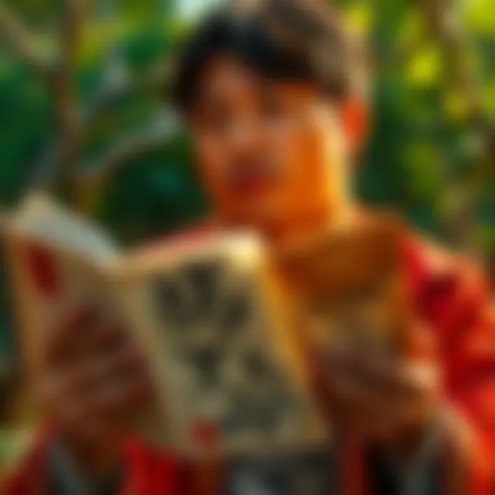 Open Tao Te Ching Book A person holding an open Tao Te Ching book with a thoughtful expression, surrounded by nature, symbolizing the search for understanding in Taoism.