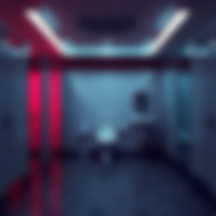 A depiction of an open bathroom with multiple stalls, showing a lack of privacy and a feeling of vulnerability.