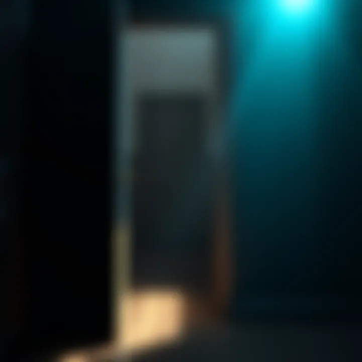 A slightly open bedroom door showing scratches on the wooden surface, with shadows and eerie light in the background