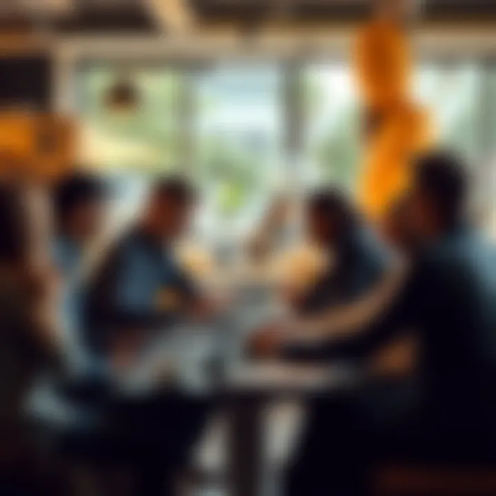 Open Discussion on Food Safety A group of people discussing food safety and health topics at a cafe with open laptops and notebooks