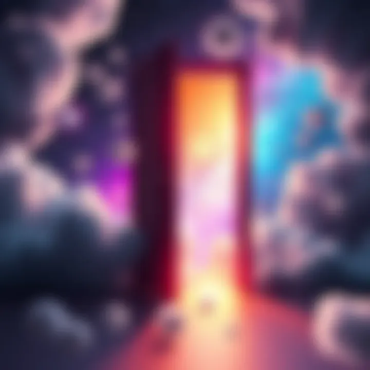 A bright open door leading to a colorful dreamscape filled with stars and clouds