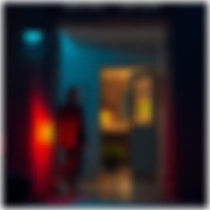 A couple looks surprised at their front door wide open, with strange artifacts visible inside their dimly lit home.