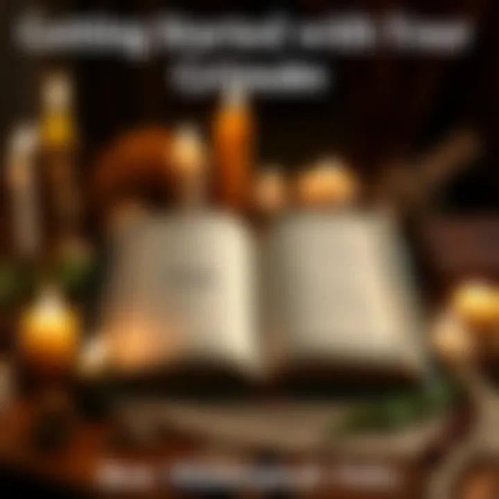 An open grimoire with a blank first page, surrounded by candles and herbs, inviting creativity for magical writing.