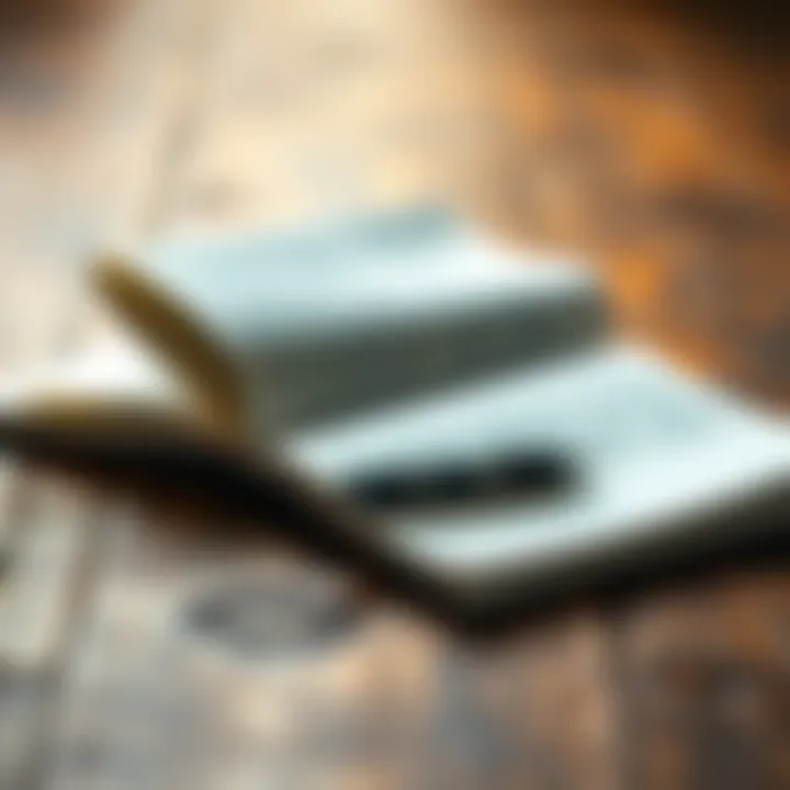 An open journal resting on a rustic wooden table, with a pen beside it, suggesting contemplation and writing.
