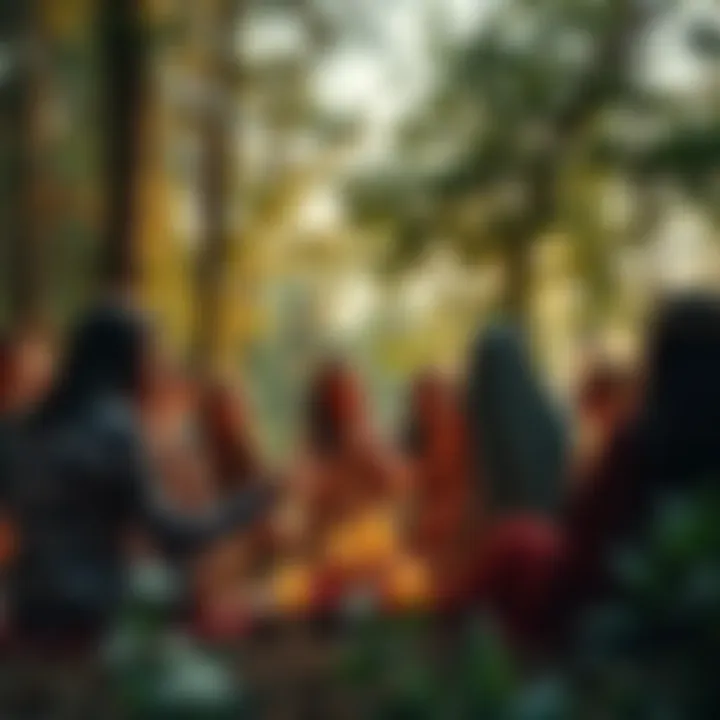 A group of people in nature celebrating open Paganism, with natural elements like flowers and candles around them