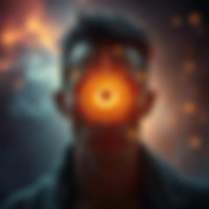 A person with a glowing third eye chakra, experiencing sensations from spirits and intuition, surrounded by a mystical atmosphere