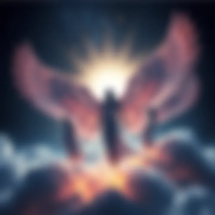 Ophanim Watchers in Celestial Scene A visual representation of Ophanim, angelic watchers, depicted as radiant beings with multiple wings in a celestial setting filled with light and stars.