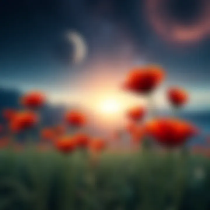 Colorful opium poppies growing on a distant planet with stars and galaxies in the background